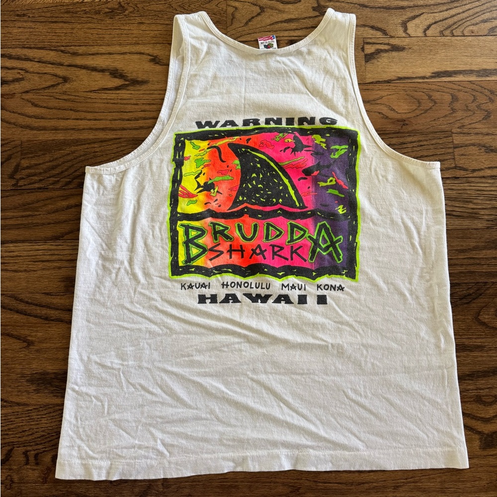 Brudda Shark Hawaii 90’s Vintage Muscle Tank White Cotton Neon Print Men’s XL
